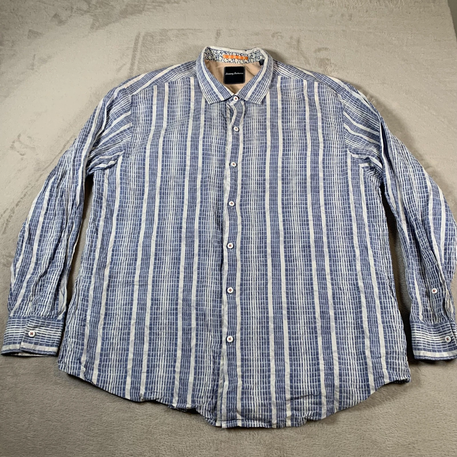 Tommy Bahama Shirt Mens 2XL Blue White Striped Linen Blend Long Sleeve Casual
