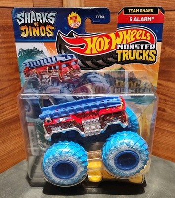 2025 HOT WHEELS MONSTER TRUCK  TEAM SHARK *5 ALARM* WITH FREE CRUSHED CAR!