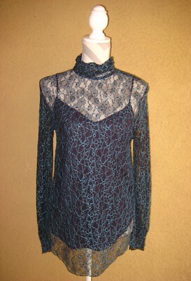 See by Chloe black/turquoise lace turtleneck w/stretch cami tunic top 36 (4US)