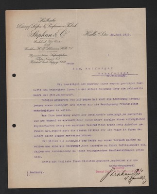 HALLE/SAALE, Brief 1913, Stephan & Co. Seifen-Parfümerie-Fabrik