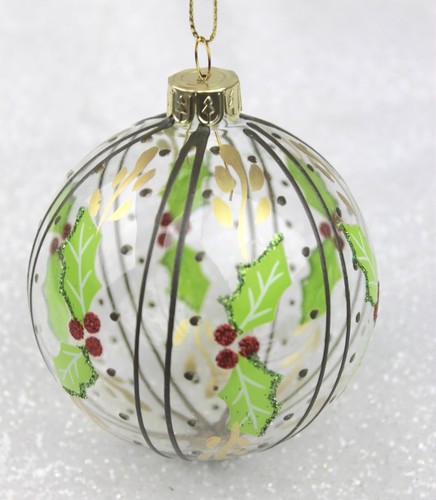 GISELA GRAHAM CHRISTMAS CLEAR GLASS BALL GOLD DOT STRIPES HOLLY BAUBLE X 3 - Picture 3 of 3