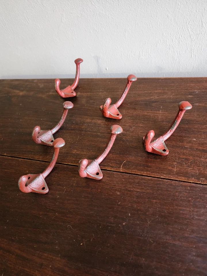 Set of 6 Red Wrought Iron Metal Wall Hanging 2 Peg Hooks Coats/Towels/Jewelry - Image 2 of 4