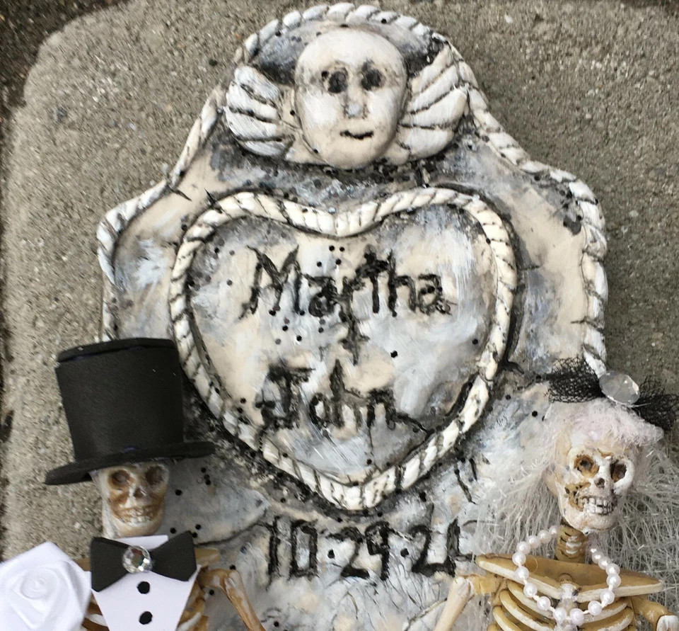 Halloween adorno de pastel de boda, lápida, arcilla, personalizado, gótico, blanco, esqueletos Foto 2 de 4