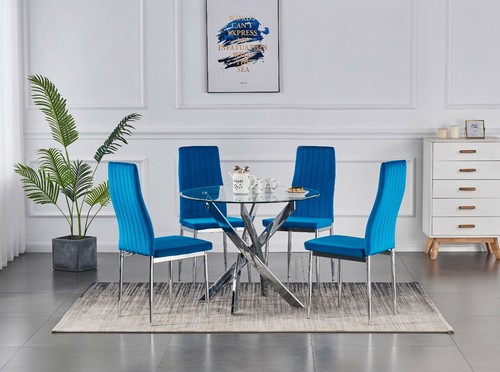 Dining Table Set Round Glass Chrome Legs and 4 Velvet Dining Chairs Modern Home - Picture 22 of 76