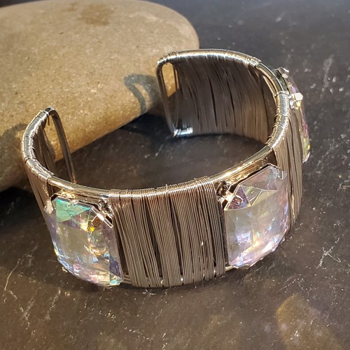 Vintage 90s Y2K Chunky AB Rhinestones Silver Wrap Detail Cuff Bracelet - Picture 7 of 11