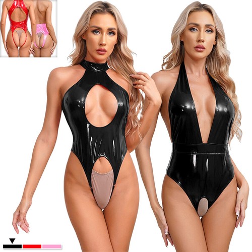 Women's Wet Look Bodysuit Leather High Cut Halter Thong Leotard Lingerie Catsuit - Picture 1 of 60