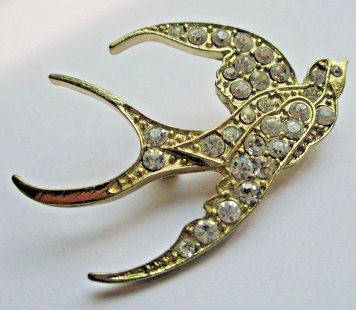 Broche Hirondelle Vintage Couleur Or Avec Cristaux - Bijou Fantaisie Vert, état Impeccable | Collection Privée