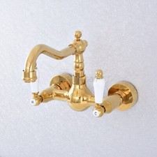 Luxury Gold Brass Wall Mount Ceramic Handles Kitchen Basin Sink Faucet Tap