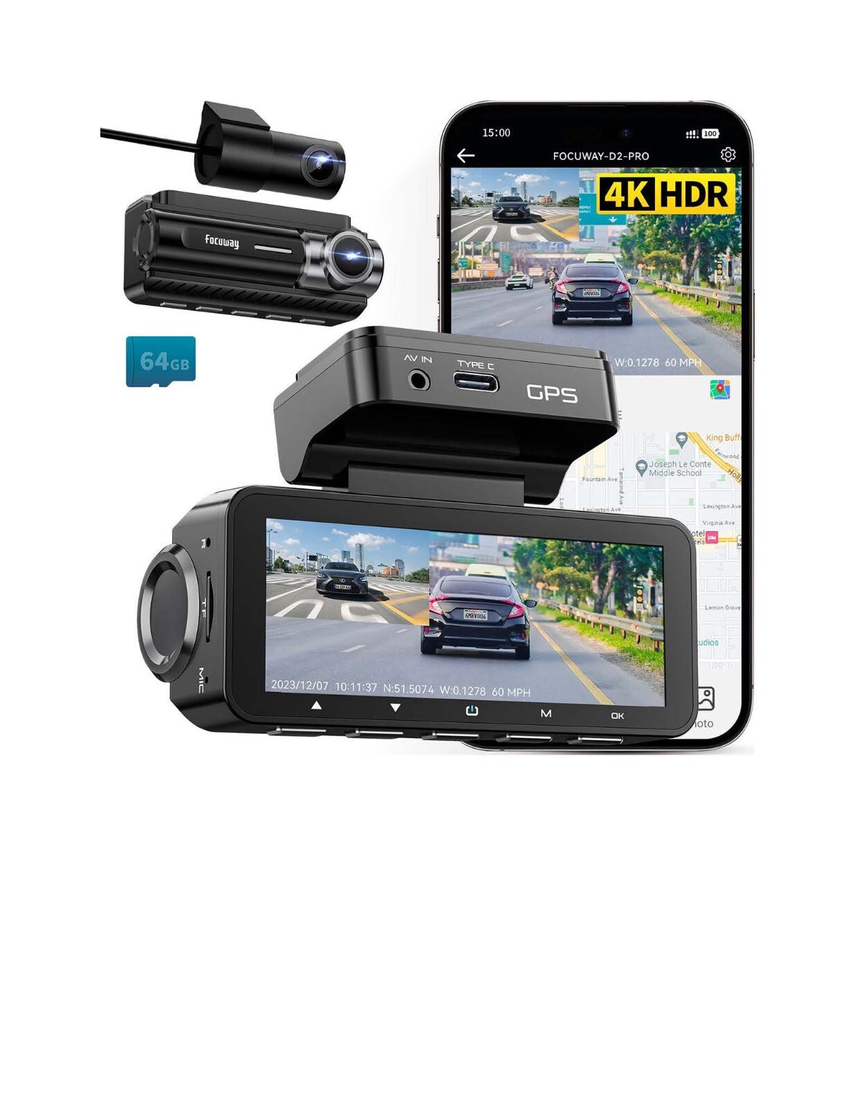 New 4K Front Dash Cam with 1080p Rear, Built-in GPS, 5GHz Wi-Fi, 3.3” IPS Screen, and Voice Control