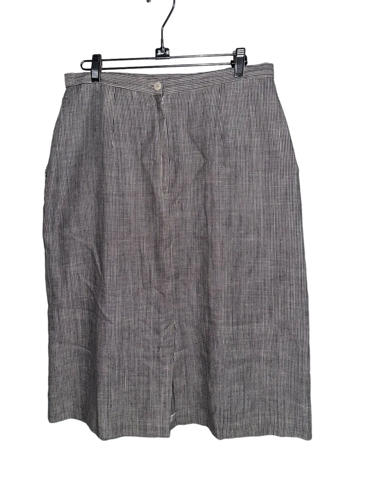 Saia midi vintage branca mistura de linho veado tamanho 16 preta listra cinza feita nos EUA - Imagem 2 de 4