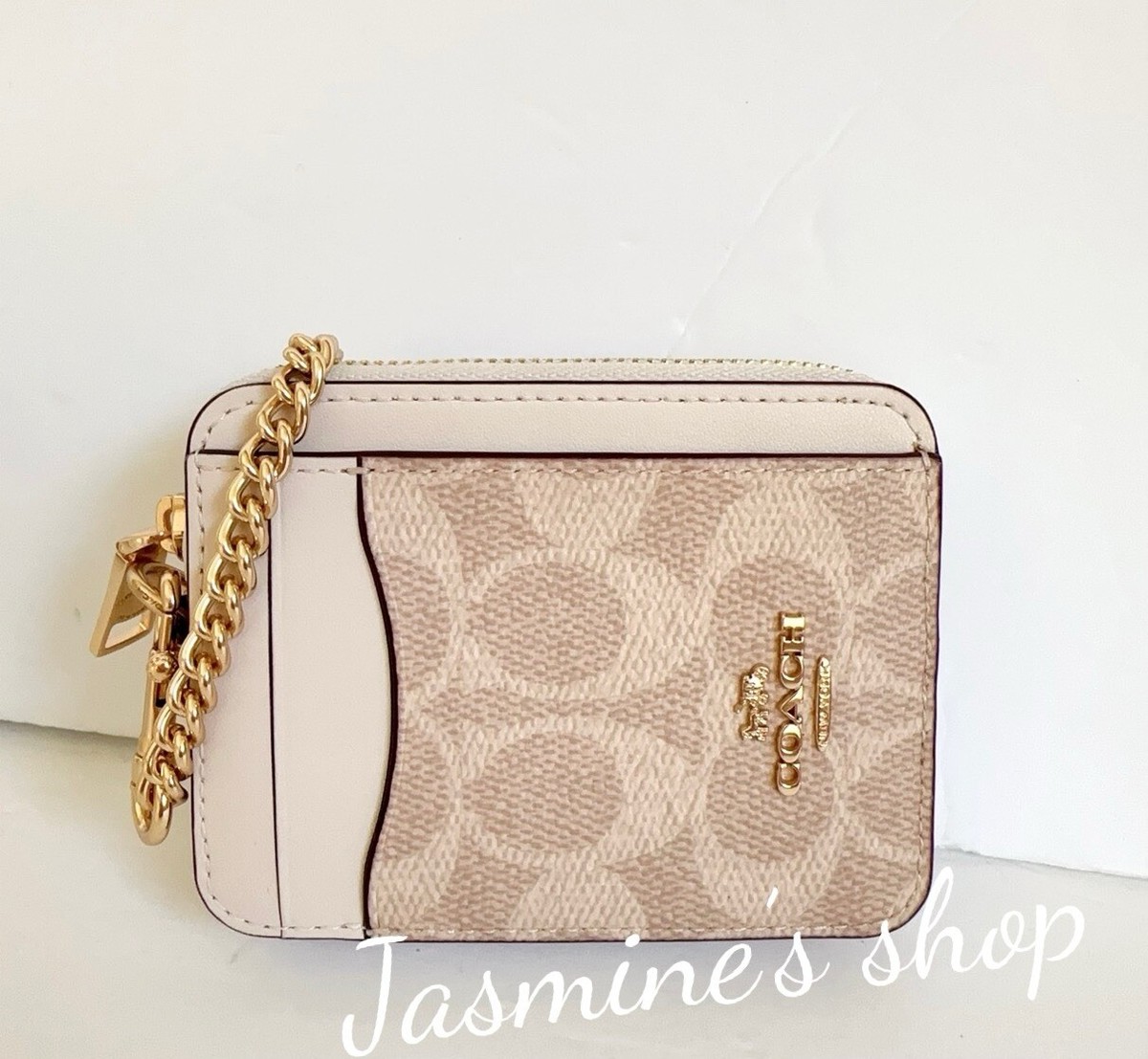 NWT Coach Zip Card Case In Signature Canvas Sand Chalk CW883