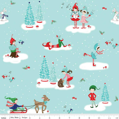 ** FLANNEL ** PIXIE NOEL 2 ON AQUA BY RILEY BLAKE CHRISTMAS FAIRIES FABRIC HY
