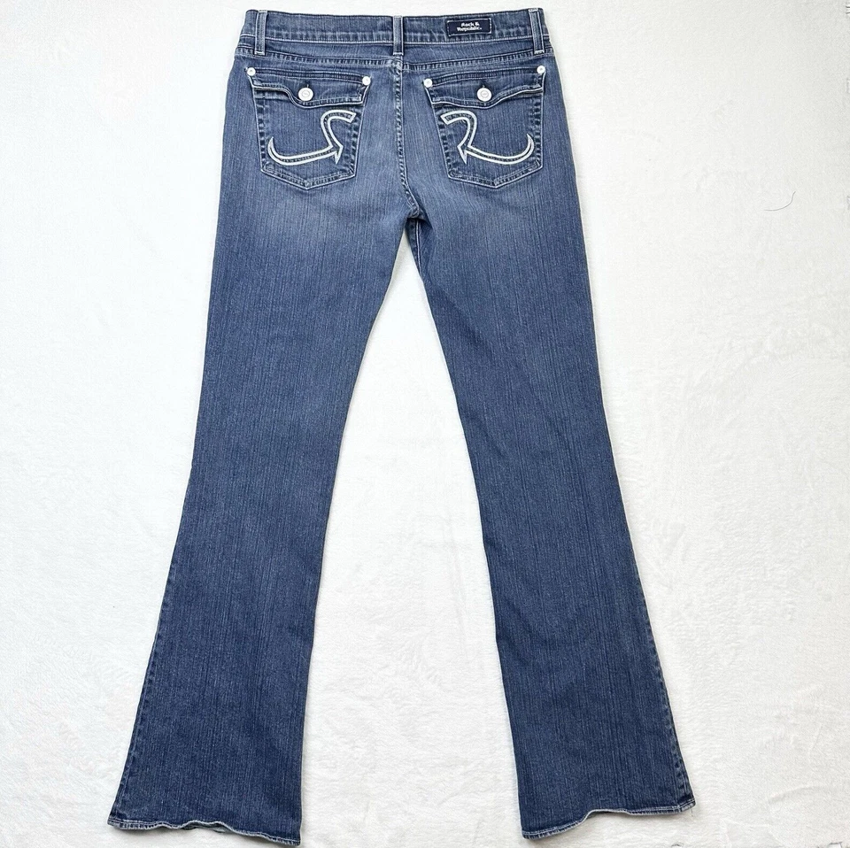 Pantalones de mezclilla Rock & Republic para mujer 31 Kurt tiro bajo corte boot lavado oscuro desvanecido solapa bolsillo Foto 3 de 4