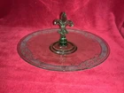 Green Depression Glass Etched Floral Serving Plate With Fleur de Lis Handle