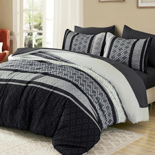 Queen Comforter Set 7 Piece Black Gray Striped Boho Bedding Set Bed in Bag