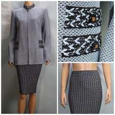 St John Knits Collection Blue Gray Jacket Skirt L Size 10 12 2pc Suit Black Trim