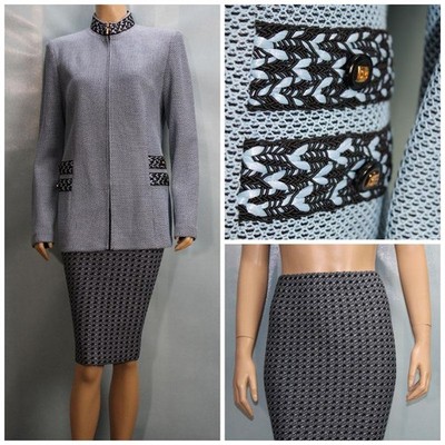 St John Knits Collection Blue Gray Jacket Skirt L Size 10 12 2pc Suit Black Trim