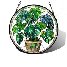 Stained Glass Window Hanging, Green Plant Monstera t 11.8x11.8 IN White Green