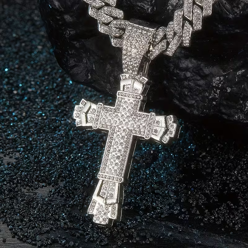 Men's Bling Silver Cuban Chain Cross Crucifix Pendant Necklace With CZ ...