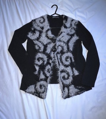Marlene B Paris France schwarz grau Strick Cardigan flauschig flauschig abstrakt Knöpfe M