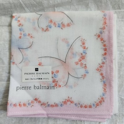 New Pierre Balmain Paris Vintage Handkerchief Butterfly Floral Cotton Pink Japan