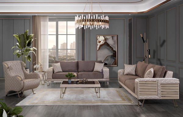 Braun-Beige Sofagarnitur Stilvolle Polstersofas Designer Sessel Set-image