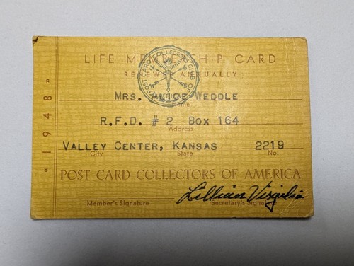 1948 Post Card Collectors Of America Membership Card Kansas