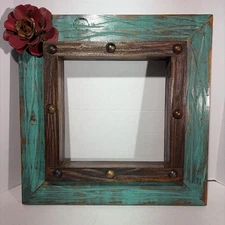 Distressed Rustic Solid Wood Flower Turquoise Brown Mirror Art Photo Wall Frame