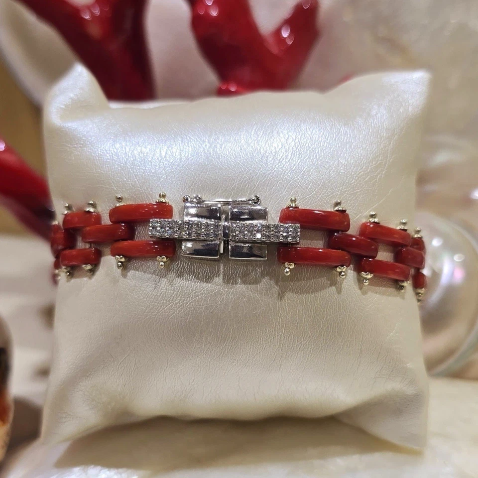 Bracciale corallo rosso naturale argento 925 zirconi fatto a mano italiano - Immagine 3 di 4