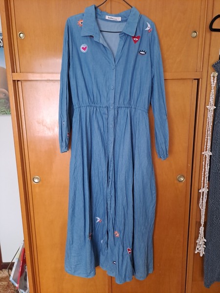 Boho Australia Light Cotton Denim Embroidered Button Front Midi Dress Size L