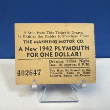 Vintage 1942 Plymouth Raffle Ticket WWII Era Car Dealer Promo Kelso Washington