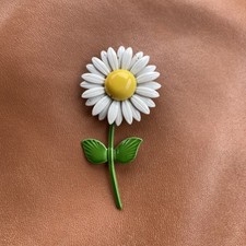 Vintage Enameled Metal Daisy Brooch Happy Flower Pin Yellow White Green