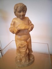 Vintage Hand Carved Wood Statue Of Boy By M Kanu 1988 ❤️CHARITY 