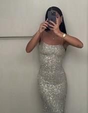 ZARA NWOT FW23 ZW Collection Silver Sequin Blogger Favorite Slip Dress XS