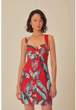 FARM Rio Red Summer Foliage Linen Mini Dress Size M Maximalist ResortWear