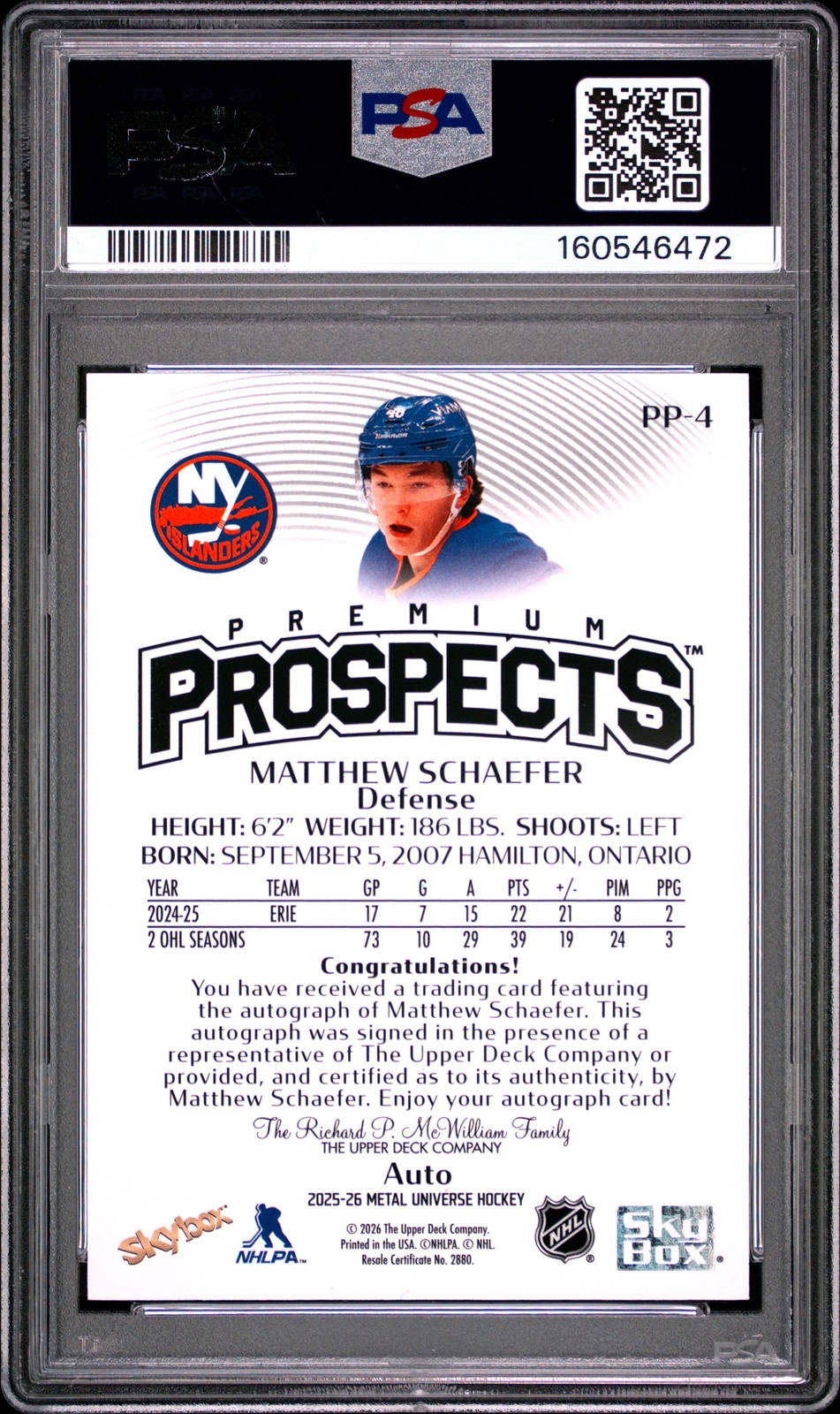 2025-26 SKYBOX METAL UNIVERSE PREMIUM PROSPECTS AUTO MATTHEW SCHAEFER PSA 10 view 2