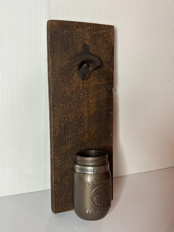 Wood Metal Bottle Drink Cap Opener Catcher Wall Hanging Farmhouse Glass Jar 16" - Image 2 of 4