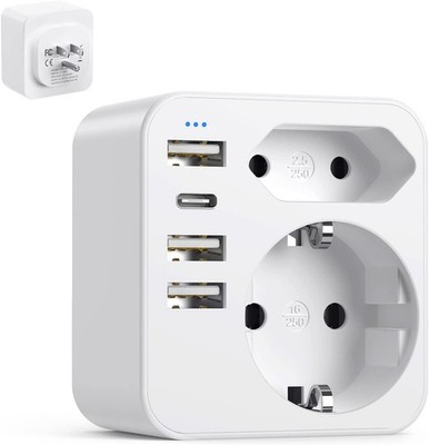 6-in-1 USA Adapter Steckdose, Deutschland Stecker mit 3USB Weiß 