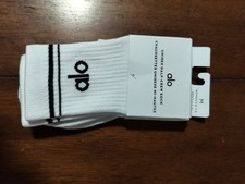 Alo Unisex Throwback Crew Socks White Ribbed Logo NWT