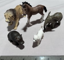 Lot Of 5 Schleich Animal Figures Lion Foal Baby Elephant baby Hippo Puppy