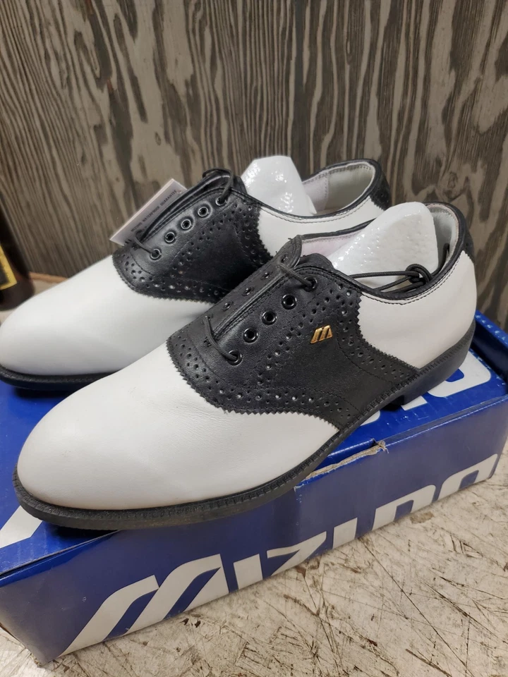 Zapatos de golf Mizuno MST Classic 9824 de cuero blanco/negro para hombre talla 9 clavos M Foto 3 de 4