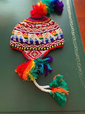 PERUVIAN CHULLO HAT WITH BEADS MULTICOLOURED RAVE FESTIVAL HAND