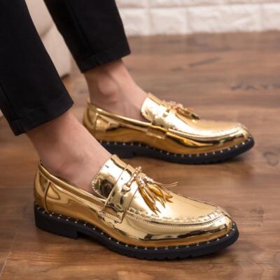 Mens Gold Point Toe Dress Business Fringe Slip On Oxfords Wedding Shiny Shoes