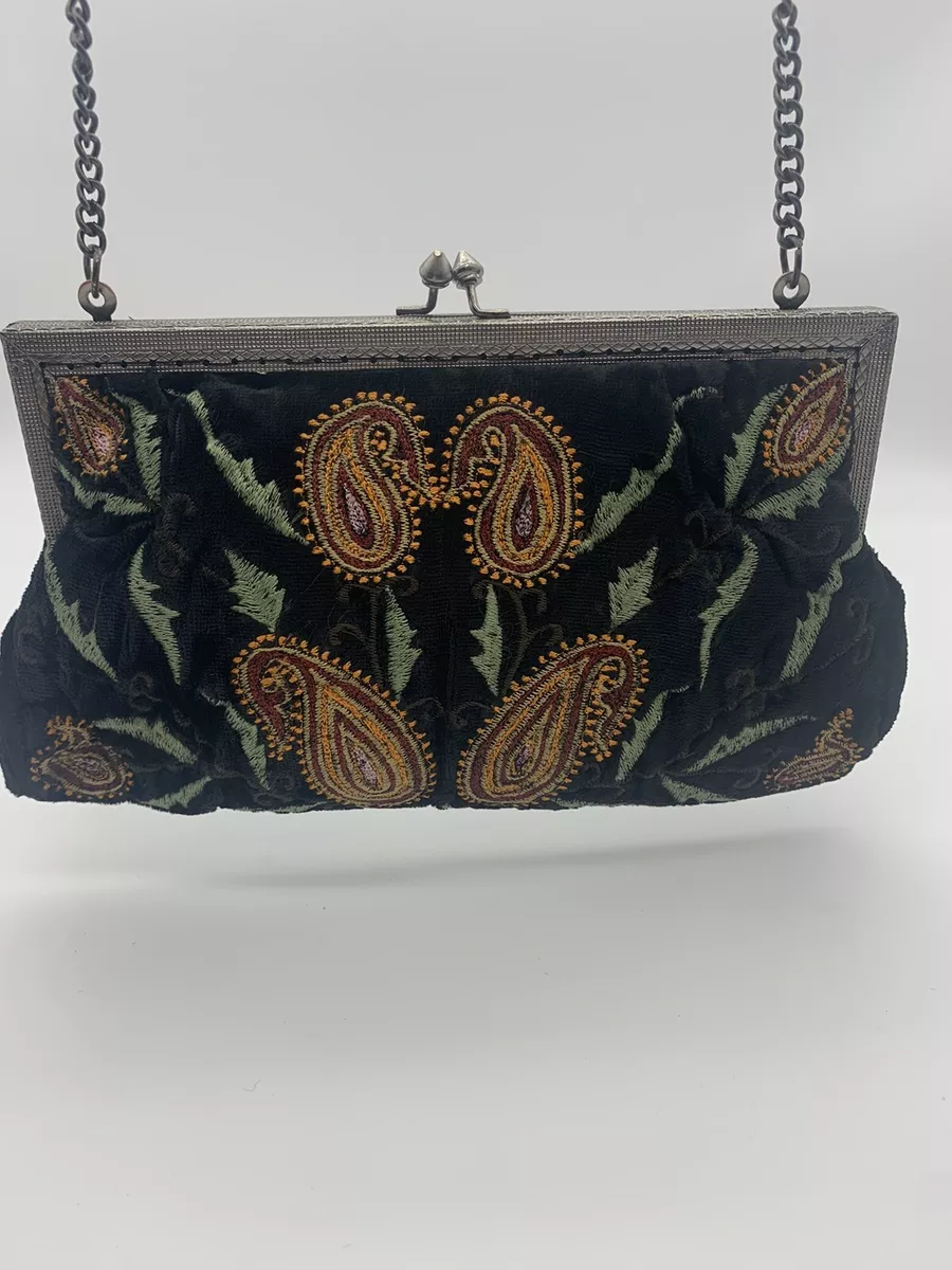 Evening Bag Dark Brown Bronze look Boho Embroidered Velvet Paisley Chain Strap
