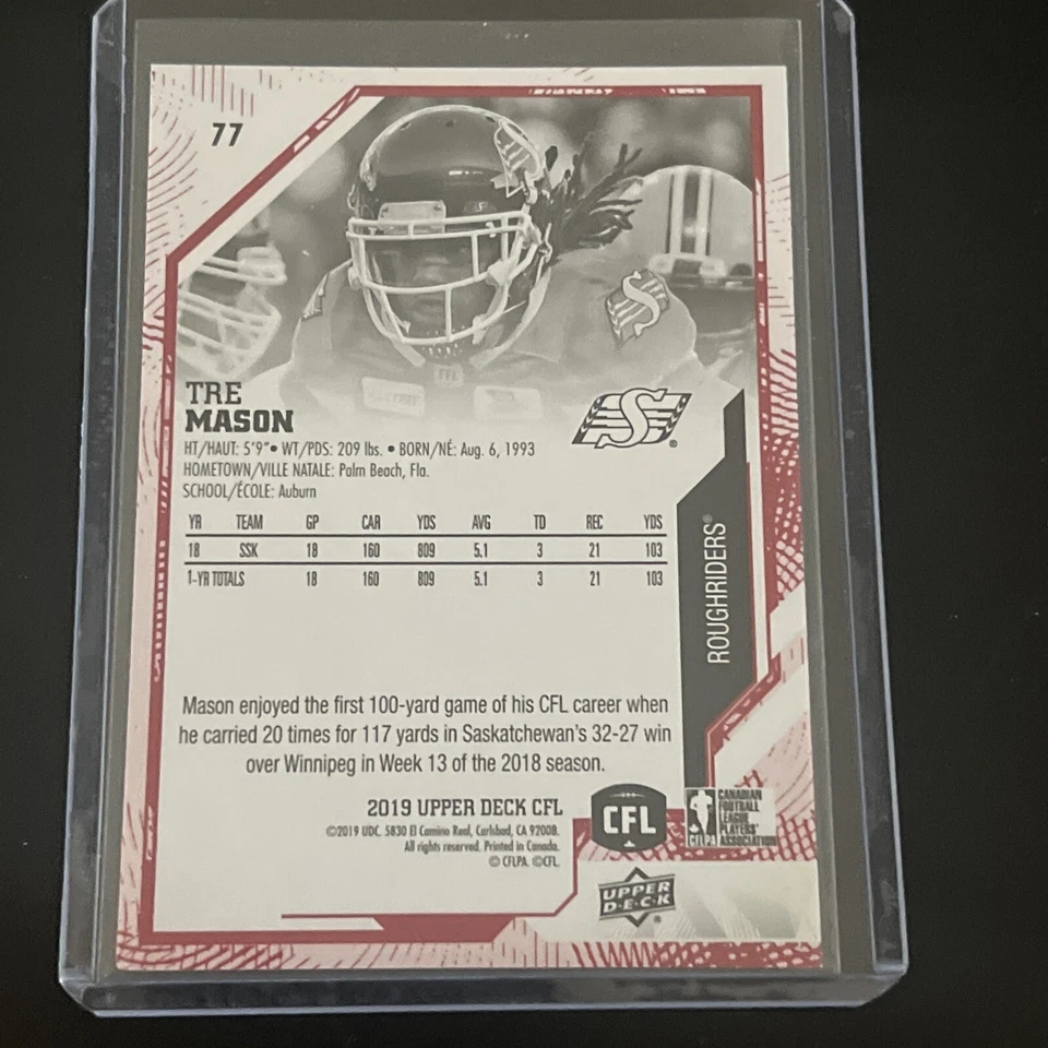 2019 Upper Deck CFL Red /150 Tre Mason #77 - Image 2 of 2