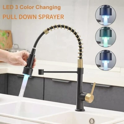 TOPSHOWER Commercial LED Black Gold Kitchen Sink Faucet Pull Down Sprayer 1 Hole Mixer Tap