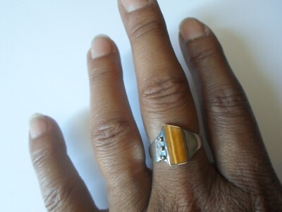 Bague En Argent Massif Avec œil De Tigre Rectangle - Taille 52 - Marque Vallès - Occasion
