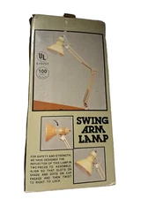 Vintage 60’s Drafting Metal Desk Lamp White 35” Articulating Swing Arm & Clamp