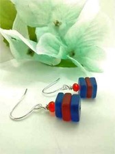 Stacked Square Shaped Dark Blue Sea Glass Earrings Beach Dangle Jewelry