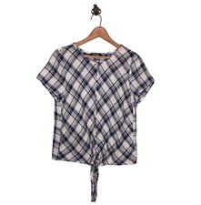 Anthropologie Small S Doe & Rae Cream Blue Plaid Tie Front 100% Cotton Blouse